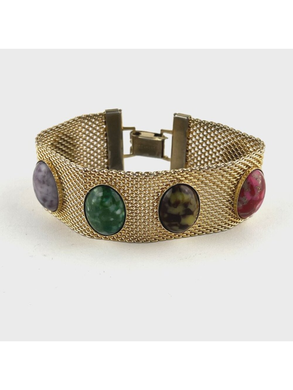 Sarah Coventry 1970s Sonnet Gold Tone Mesh Bracelet w/ 6 Oval Cabochon Stones